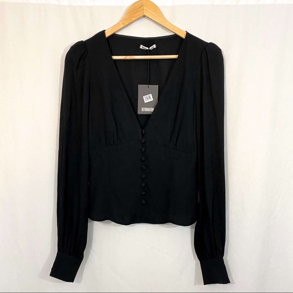 NWT Reformation Adrienne Black V-Neck Blouse Top - Picture 3 of 8